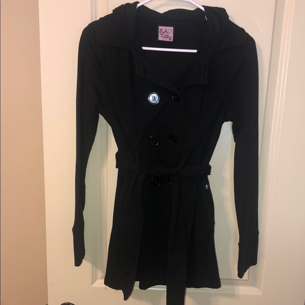 La Hearts Black Hooded Double-Breasted Trench Coat